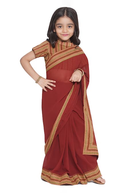 Little Bansi Stripe Print Border Pre-Draped Saree With Blouse 