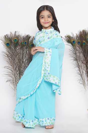 buy-blue-silk-embroidery-floral-print-border-pre-draped-saree-with