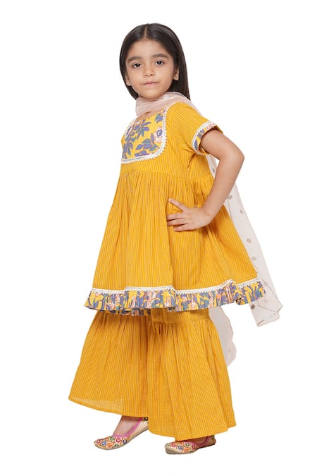 Buy_Little Bansi_Yellow Cotton, Chiffon Sequins Threadwork Peplum Kurta Sharara Set _Online_at_Aza_Fashions
