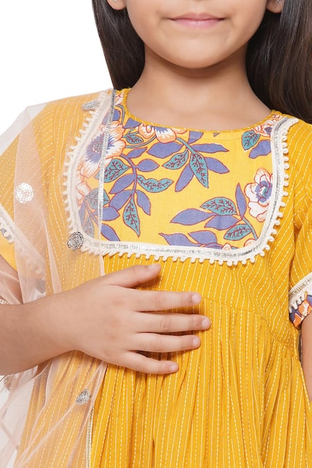 Shop_Little Bansi_Yellow Cotton, Chiffon Sequins Threadwork Peplum Kurta Sharara Set _Online_at_Aza_Fashions