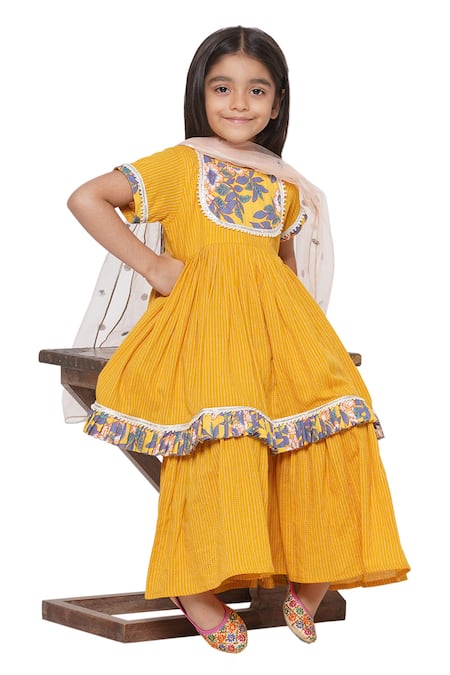 Little Bansi_Yellow Cotton, Chiffon Sequins Threadwork Peplum Kurta Sharara Set _at_Aza_Fashions