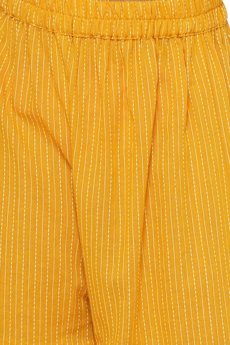 Buy_Little Bansi_Yellow Cotton, Chiffon Sequins Threadwork Peplum Kurta Sharara Set 