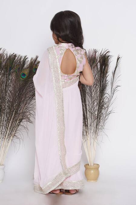 Shop Little Bansi Pink Georgette Lace, Embroidery Border Pre-draped Saree With Woven Blouse at Aza Fashions Shop_Little Bansi_Pink Georgette Lace, Embroidery Border Pre-draped Saree With Woven Blouse_at_Aza_Fashions
