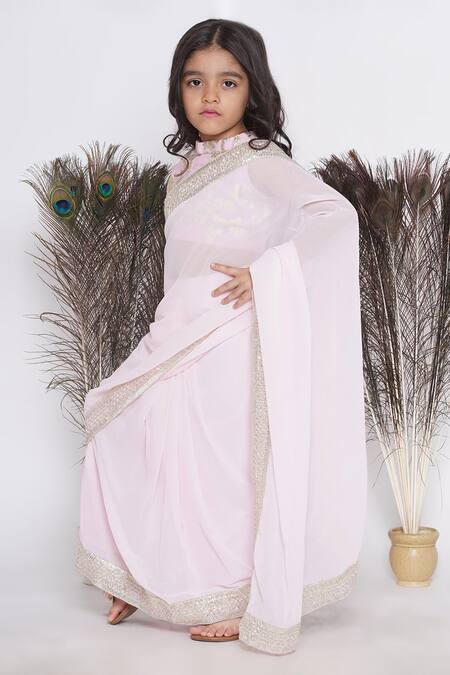 Little Bansi Pink Georgette Lace, Embroidery Border Pre-draped Saree With Woven Blouse Online at Aza Fashions Little Bansi_Pink Georgette Lace, Embroidery Border Pre-draped Saree With Woven Blouse_Online_at_Aza_Fashions