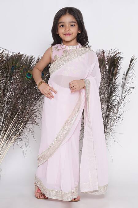 Buy Little Bansi Pink Georgette Lace, Embroidery Border Pre-draped Saree With Woven Blouse Online at Aza Fashions Buy_Little Bansi_Pink Georgette Lace, Embroidery Border Pre-draped Saree With Woven Blouse_Online_at_Aza_Fashions
