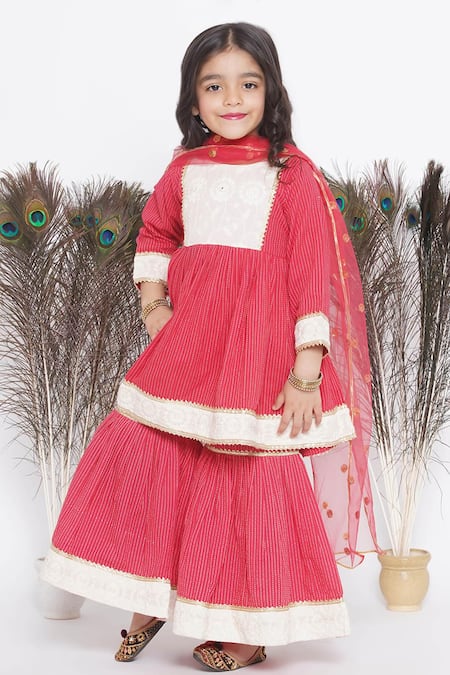 Little Bansi_Red Cotton, Chiffon Sequins, Floral Placement Peplum Kurta Sharara Set _Online_at_Aza_Fashions