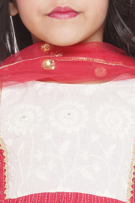 Buy_Little Bansi_Red Cotton, Chiffon Sequins, Floral Placement Peplum Kurta Sharara Set _Online_at_Aza_Fashions