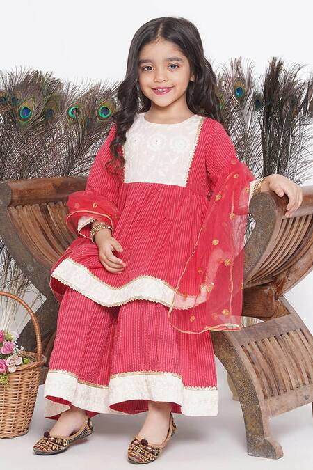 Shop_Little Bansi_Red Cotton, Chiffon Sequins, Floral Placement Peplum Kurta Sharara Set _Online_at_Aza_Fashions