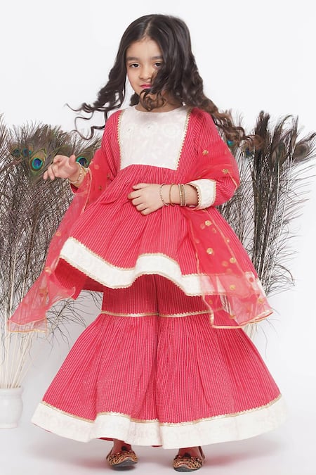 Buy_Little Bansi_Red Cotton, Chiffon Sequins, Floral Placement Peplum Kurta Sharara Set 