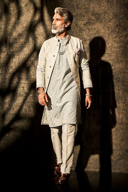 Bubber Couture Grey Cotton, Silk Embroidery Franco Kurta With Pant at Aza Fashions Bubber Couture_Grey Cotton, Silk Embroidery Franco Kurta With Pant _at_Aza_Fashions