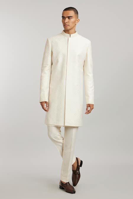 Bubber Couture Off White Silk, Cotton Cut Work Leandro Starrio Embroidered Sherwani Online at Aza Fashions Bubber Couture_Off White Silk, Cotton Cut Work Leandro Starrio Embroidered Sherwani _Online_at_Aza_Fashions