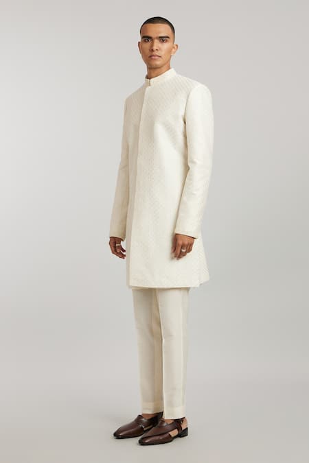Buy Bubber Couture Off White Silk, Cotton Cut Work Leandro Starrio Embroidered Sherwani Online at Aza Fashions Buy_Bubber Couture_Off White Silk, Cotton Cut Work Leandro Starrio Embroidered Sherwani _Online_at_Aza_Fashions