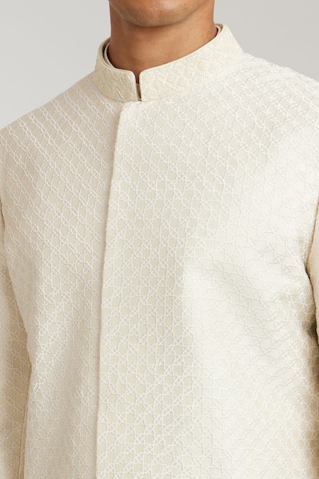 Shop Bubber Couture Off White Silk, Cotton Cut Work Leandro Starrio Embroidered Sherwani Online at Aza Fashions Shop_Bubber Couture_Off White Silk, Cotton Cut Work Leandro Starrio Embroidered Sherwani _Online_at_Aza_Fashions
