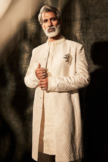 Bubber Couture Off White Silk, Cotton Cut Work Leandro Starrio Embroidered Sherwani at Aza Fashions Bubber Couture_Off White Silk, Cotton Cut Work Leandro Starrio Embroidered Sherwani _at_Aza_Fashions