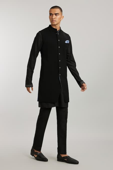 Bubber Couture_Black Crepe, Wool, Cotton Luciano Sleeveless Sherwani _Online_at_Aza_Fashions