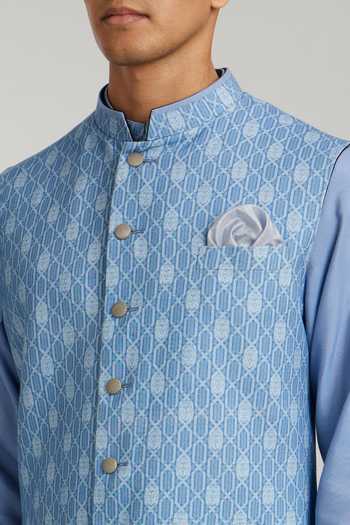 Bubber Couture_Blue Cotton Marcello Geometric Print Sherwani Jacket _Online_at_Aza_Fashions