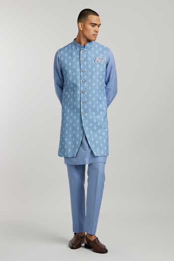 Shop_Bubber Couture_Blue Cotton Marcello Geometric Print Sherwani Jacket _Online_at_Aza_Fashions