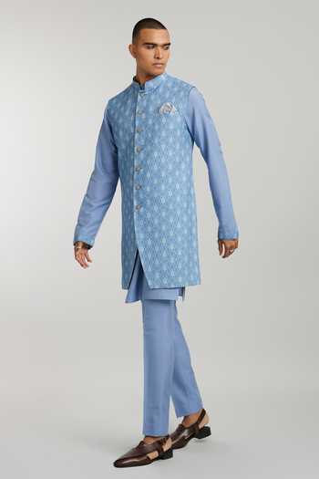 Bubber Couture_Blue Cotton Marcello Geometric Print Sherwani Jacket _at_Aza_Fashions