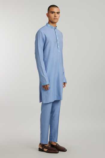 Buy_Bubber Couture_Blue Cotton Embroidery Sergio Straight Kurta With Pant _Online_at_Aza_Fashions