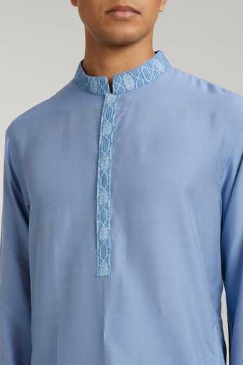 Shop_Bubber Couture_Blue Cotton Embroidery Sergio Straight Kurta With Pant _Online_at_Aza_Fashions