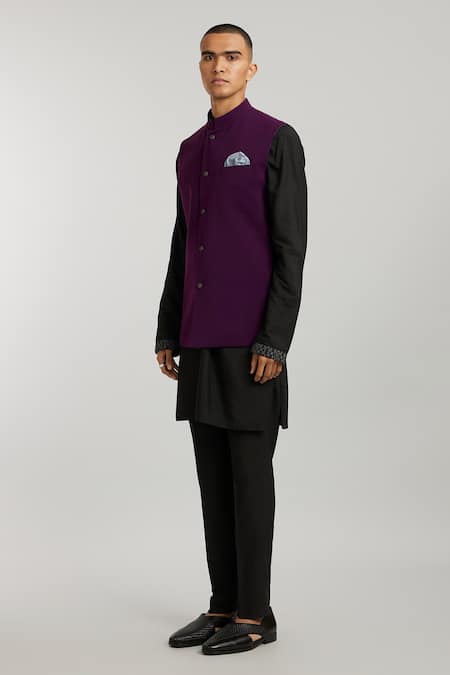 Bubber Couture_Wine Crepe, Wool, Cotton Woven Bundi Jacket _Online_at_Aza_Fashions