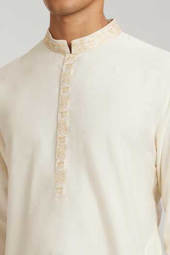 Shop Bubber Couture Off White Cotton, Silk Embroidery Alessio Collar Printed Kurta And Pant Set Online at Aza Fashions Shop_Bubber Couture_Off White Cotton, Silk Embroidery Alessio Collar Printed Kurta And Pant Set _Online_at_Aza_Fashions