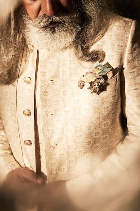 Bubber Couture Off White Silk, Cotton Pearls Angelo Emblem Print Front-open Sherwani Online at Aza Fashions Bubber Couture_Off White Silk, Cotton Pearls Angelo Emblem Print Front-open Sherwani _Online_at_Aza_Fashions