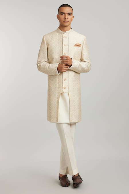 Buy Bubber Couture Off White Silk, Cotton Pearls Angelo Emblem Print Front-open Sherwani Online at Aza Fashions Buy_Bubber Couture_Off White Silk, Cotton Pearls Angelo Emblem Print Front-open Sherwani _Online_at_Aza_Fashions