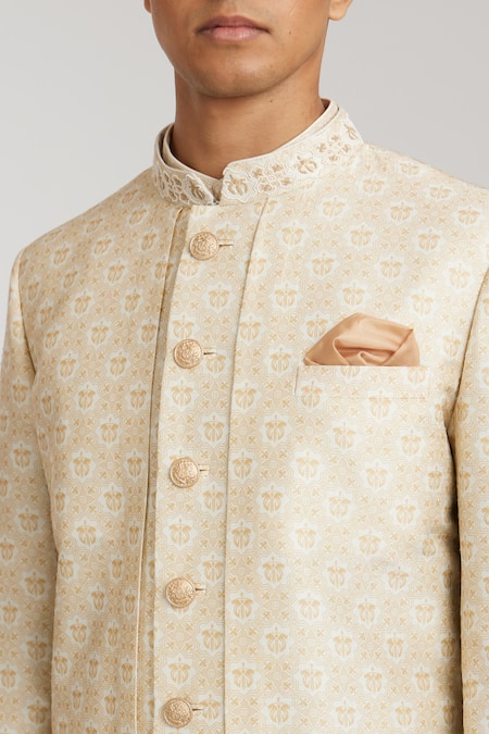 Bubber Couture Off White Silk, Cotton Pearls Angelo Emblem Print Front-open Sherwani at Aza Fashions Bubber Couture_Off White Silk, Cotton Pearls Angelo Emblem Print Front-open Sherwani _at_Aza_Fashions