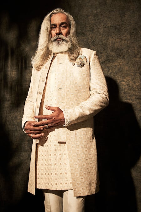 Buy Bubber Couture Off White Silk, Cotton Pearls Angelo Emblem Print Front-open Sherwani Buy_Bubber Couture_Off White Silk, Cotton Pearls Angelo Emblem Print Front-open Sherwani