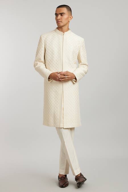 Buy_Bubber Couture_Off White Silk, Cotton Embroidery Armando Sherwani _Online_at_Aza_Fashions