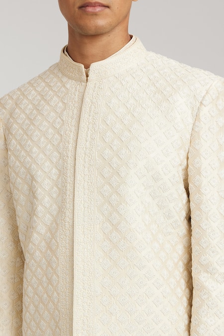 Bubber Couture_Off White Silk, Cotton Embroidery Armando Sherwani _at_Aza_Fashions