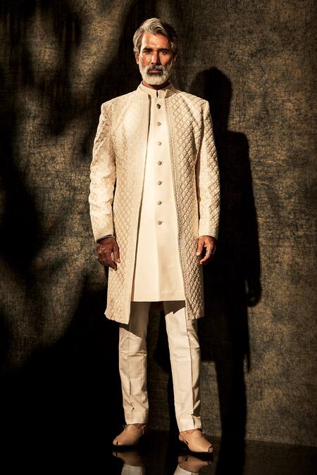 Buy_Bubber Couture_Off White Silk, Cotton Embroidery Armando Sherwani 