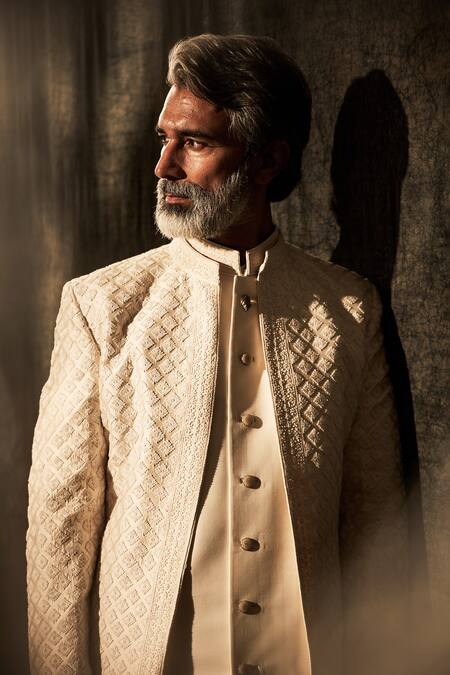 Shop_Bubber Couture_Off White Silk, Cotton Embroidery Armando Sherwani 