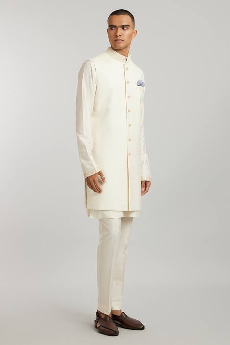 Bubber Couture_Off White Wool, Cotton Pearls Aurelio Collar Embroidered Sherwani _Online_at_Aza_Fashions