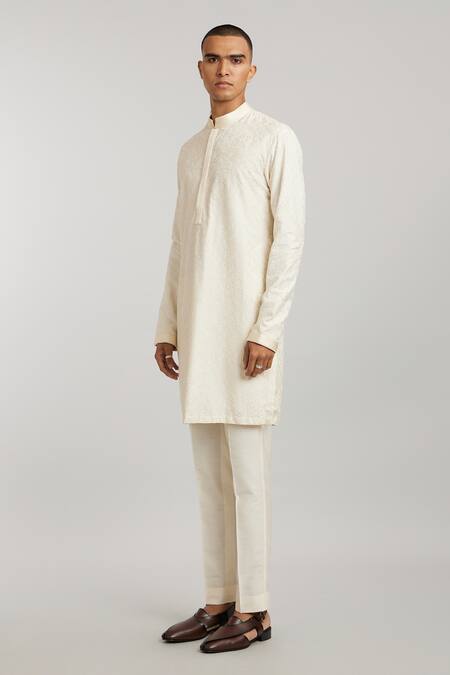 Buy_Bubber Couture_Off White Cotton, Silk Embroidery Enrico Kurta And Pant Set _Online_at_Aza_Fashions