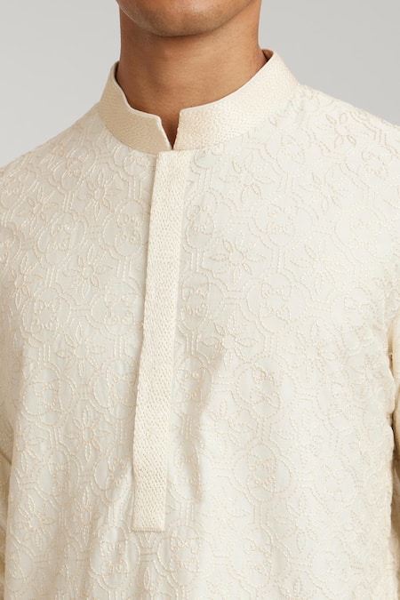Shop_Bubber Couture_Off White Cotton, Silk Embroidery Enrico Kurta And Pant Set _Online_at_Aza_Fashions