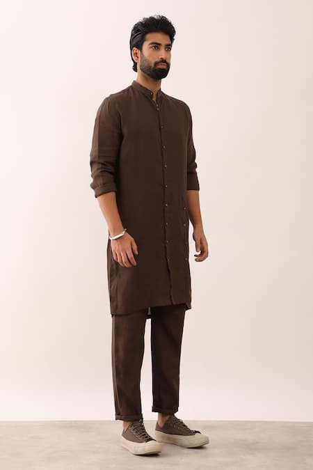 Son Of A Noble Snob_Brown 100% Linen Plain Alok Straight Kurta Set _Online_at_Aza_Fashions