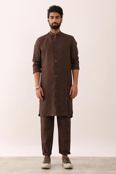 Buy_Son Of A Noble Snob_Brown 100% Linen Plain Alok Straight Kurta Set _Online_at_Aza_Fashions