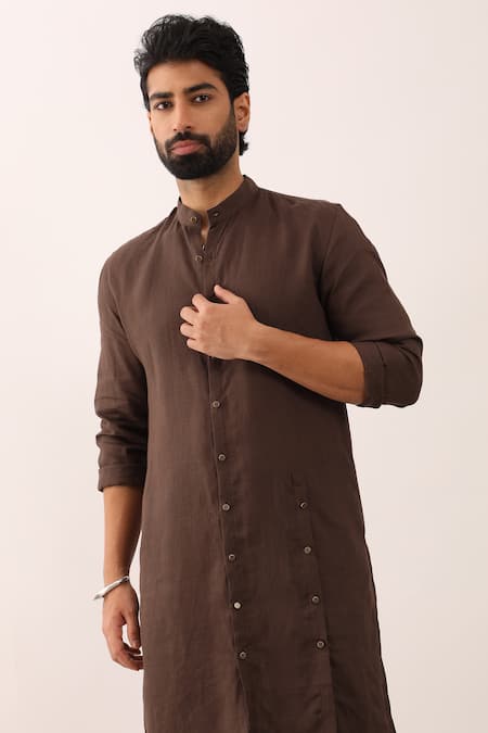 Shop_Son Of A Noble Snob_Brown 100% Linen Plain Alok Straight Kurta Set _Online_at_Aza_Fashions