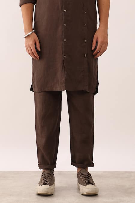 Son Of A Noble Snob_Brown 100% Linen Plain Alok Straight Kurta Set _at_Aza_Fashions