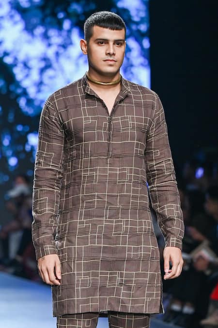 Buy_Son Of A Noble Snob_Brown 100% Linen Printed Geometric Rishav Kurta With Trouser _Online_at_Aza_Fashions