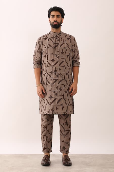Son of A Noble Snob Brown 100% Linen Printed Abstract Floral Jeet Stencil Kurta 