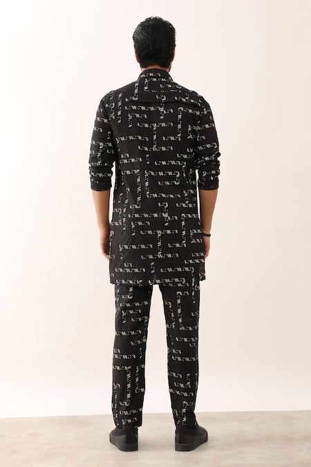 Shop Son Of A Noble Snob Black Linen Gaurav Trace Printed Long Shirt And Trouser Set at Aza Fashions Shop_Son Of A Noble Snob_Black Linen Gaurav Trace Printed Long Shirt And Trouser Set _at_Aza_Fashions