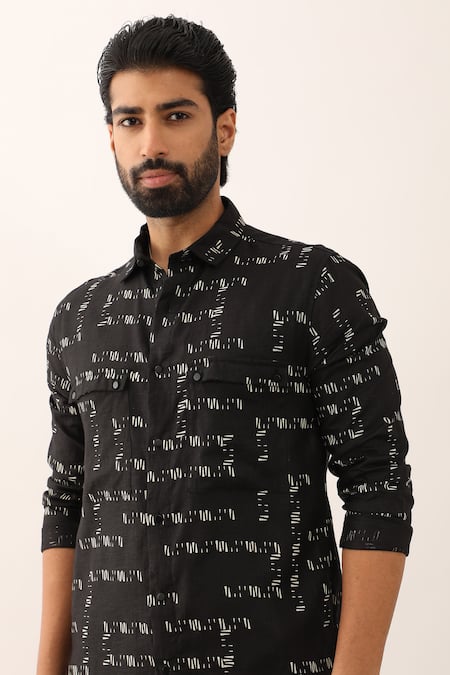 Shop Son Of A Noble Snob Black Linen Gaurav Trace Printed Long Shirt And Trouser Set Online at Aza Fashions Shop_Son Of A Noble Snob_Black Linen Gaurav Trace Printed Long Shirt And Trouser Set _Online_at_Aza_Fashions