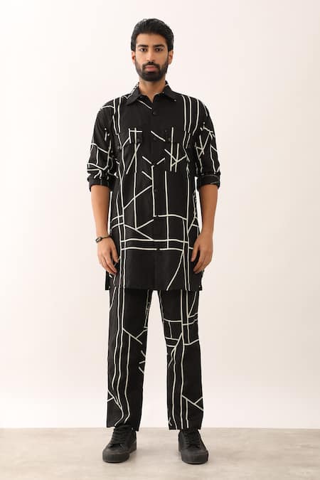 Son Of A Noble Snob_Black Linen Kabir Printed Shirt And Trouser Set _Online_at_Aza_Fashions