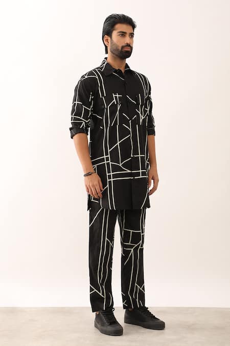 Buy_Son Of A Noble Snob_Black Linen Kabir Printed Shirt And Trouser Set _Online_at_Aza_Fashions
