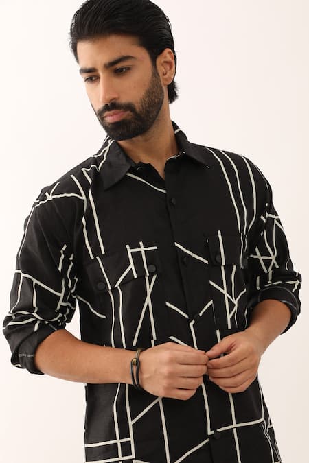 Shop_Son Of A Noble Snob_Black Linen Kabir Printed Shirt And Trouser Set _Online_at_Aza_Fashions