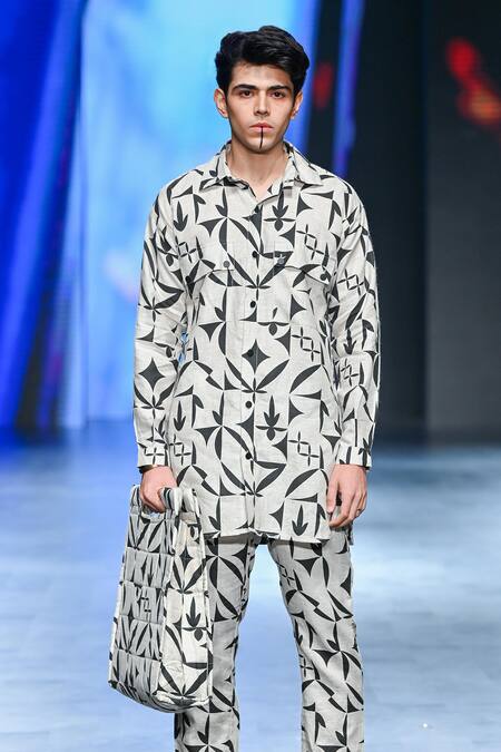 Son Of A Noble Snob_Ivory Linen Kabir Stencil Abstract Print Shirt And Trouser Set _Online_at_Aza_Fashions
