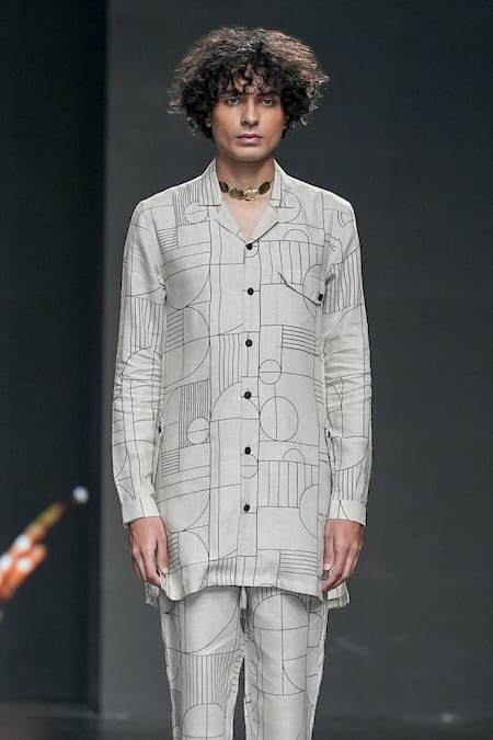 Son Of A Noble Snob_Ivory Linen Avay Gatsby Cuban Collar Printed Shirt And Trouser Set _Online_at_Aza_Fashions